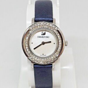 Swarovski Playful Watch Swiss Made Blue Leather Strap Silver Tone White Crystals
